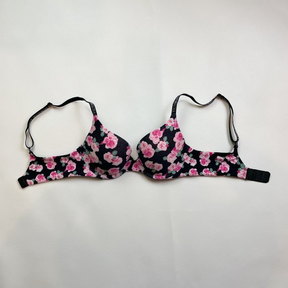 NWOT Victoria's Secret Bra 32B T-Shirt Push-Up Full Coverage Black Floral - Picture 2 of 8